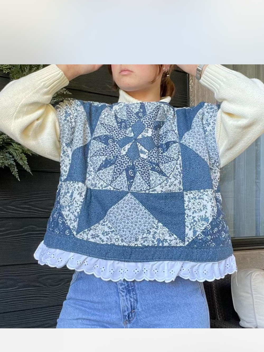 Handmade! Patchwork Quilted Blue Floral Vest with Eyelet Trim